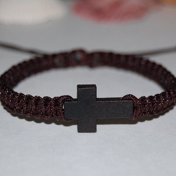 Cross Bracelet,Wooden Cross Bracelet,Cross Brown Bracelet,Drawstring Style - Picture 2 of 2